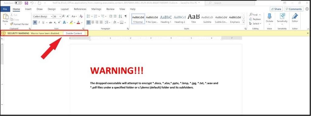 Security warning that macros have been disabled due to a threat