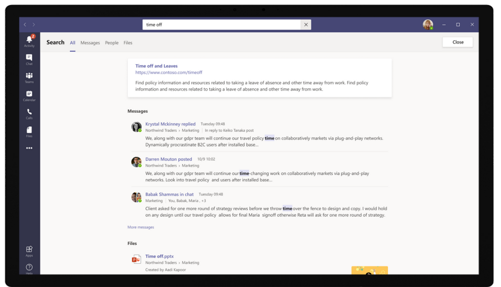 New search experience in Microsoft Teams powered by Microsoft Search.