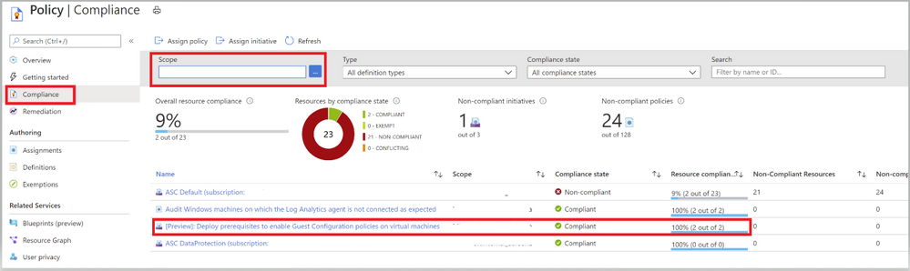 Image 5: Guest Configuration Policy Initiative showing Compliance