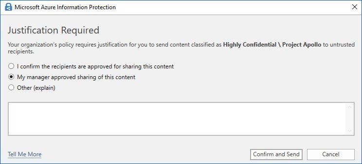 Figure 5: Default “Justification” pop-up message in Outlook.