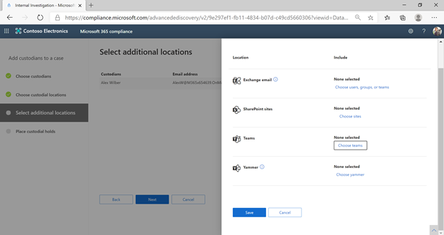 Figure 2 – Selecting Teams location for a custodian in eDiscovery (will automatically include card content from Apps)