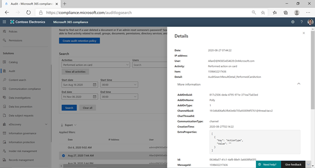 Figure 4 – Audit log for actions on card