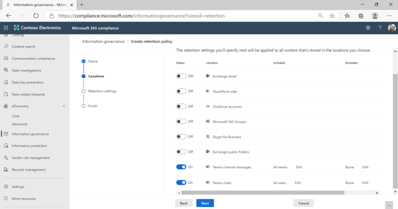 Figure 5 – Selecting Teams location while setting up a retention policy (will automatically include card content from apps)