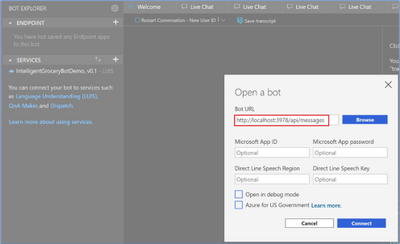 Bot Framework Emulator view