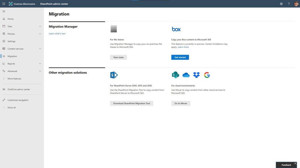 Start your Box content migration into Microsoft 365 directly from within the SharePoint admin center Migration Manager console.