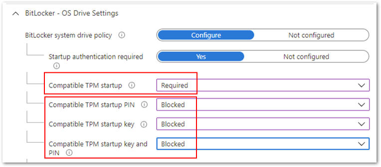 Compatible TPM startup to Required and the remaining three settings to Blocked.