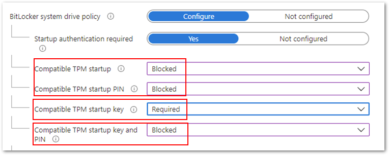 Compatible TPM startup key to Required and the remaining three settings to Blocked.