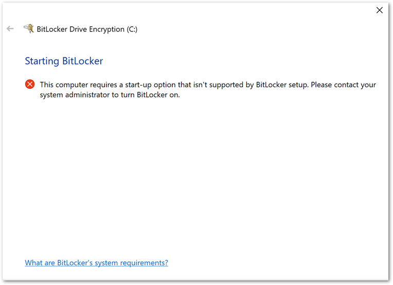 Example BitLocker Drive Encryption error when initiating the encryption from the device.