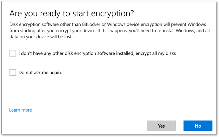 User experience to start BitLocker encryption.