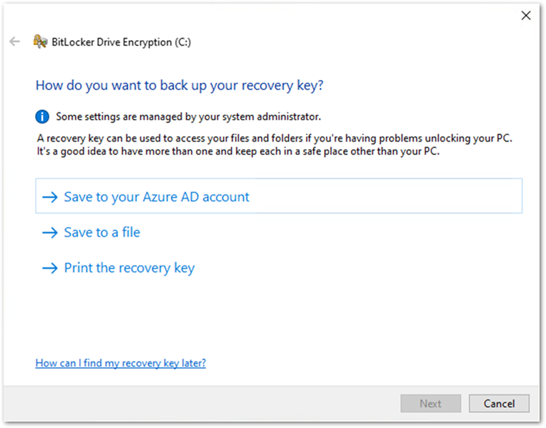 User experience to backup a BitLocker key in the BitLocker Drive Encryption wizard.