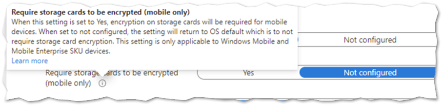 Hovering over the tool tip to see a description and link to additional information about a BitLocker setting in the Microsoft Endpoint Manager admin center.