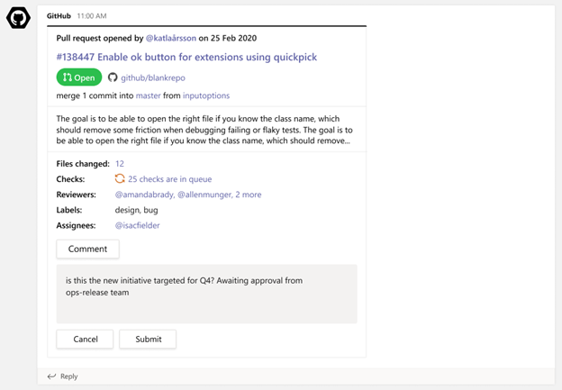 Image of a GitHub pull request notification on a card and the user from Teams commenting