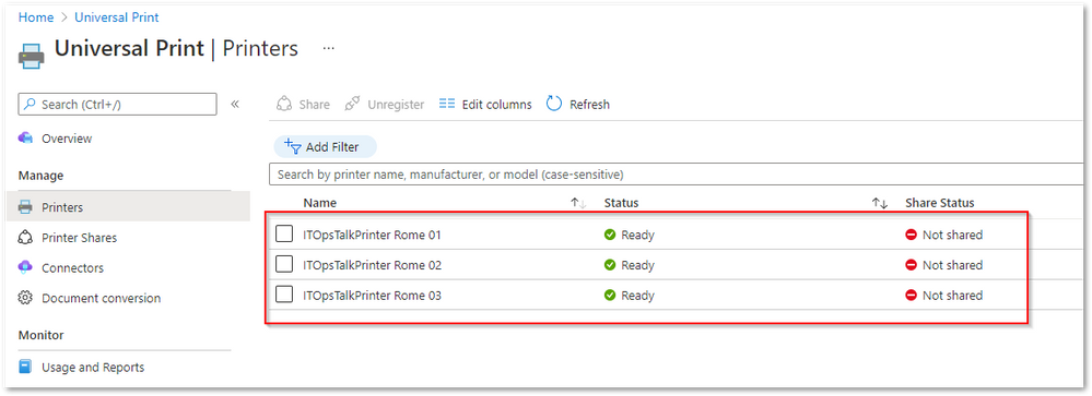 Registered printers on the Azure portal.