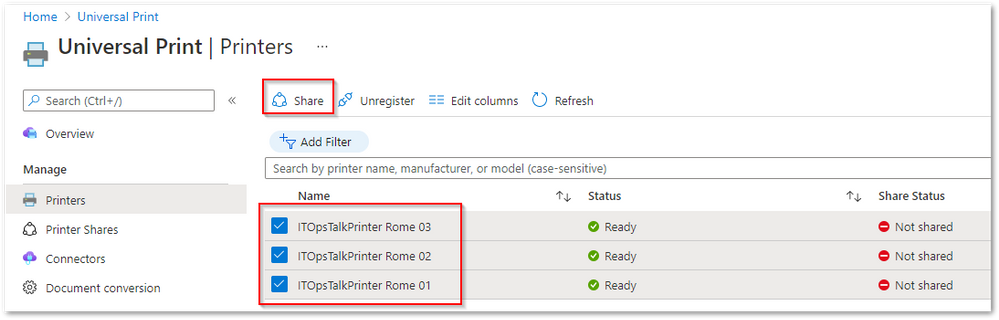 Share multiple printers at the same time from the Azure portal.