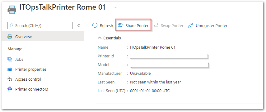 Share one single printer from the Azure portal.