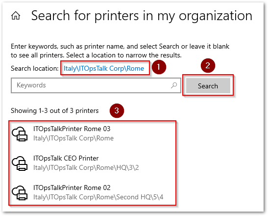 Search Printers in the specified location .