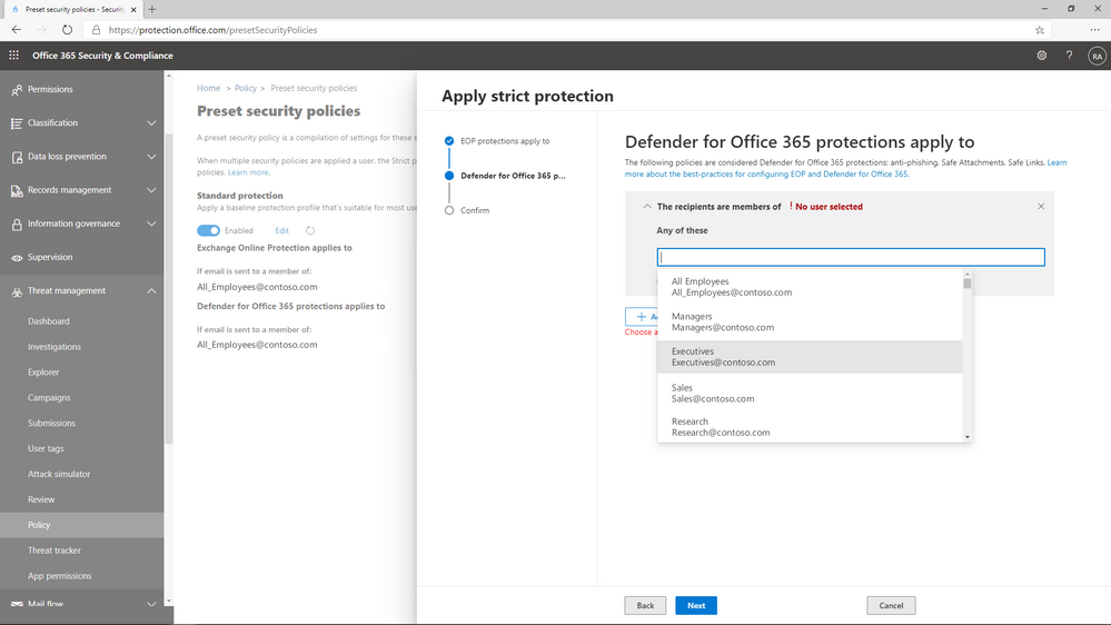 Figure 2: Preset policies can be applied to users, groups, or domains.