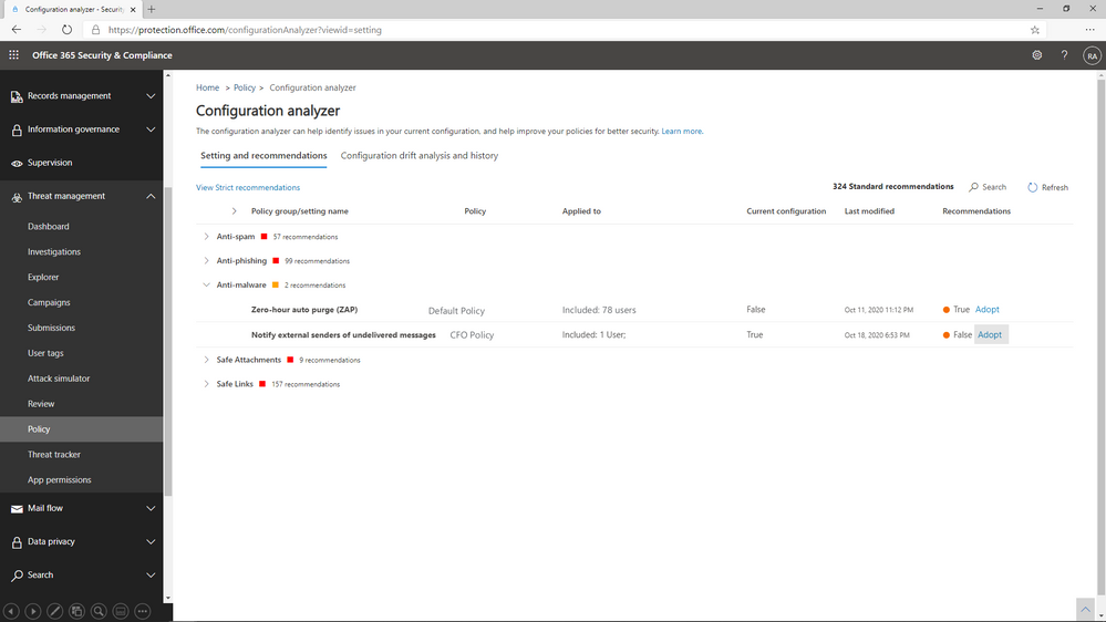 Figure 3: Configuration Analyzer shows policies that do not meet our recommended settings.