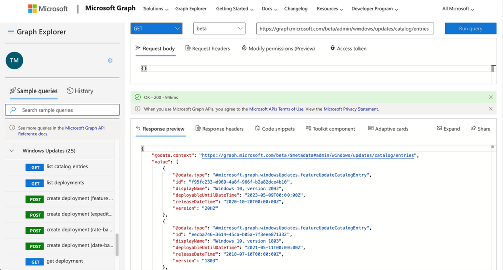 Interacting with the Windows Update for Business deployment service via Microsoft Graph Explorer