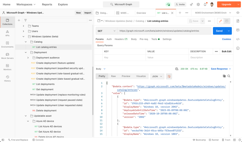 Interacting with the Windows Update for Business deployment service via Postman