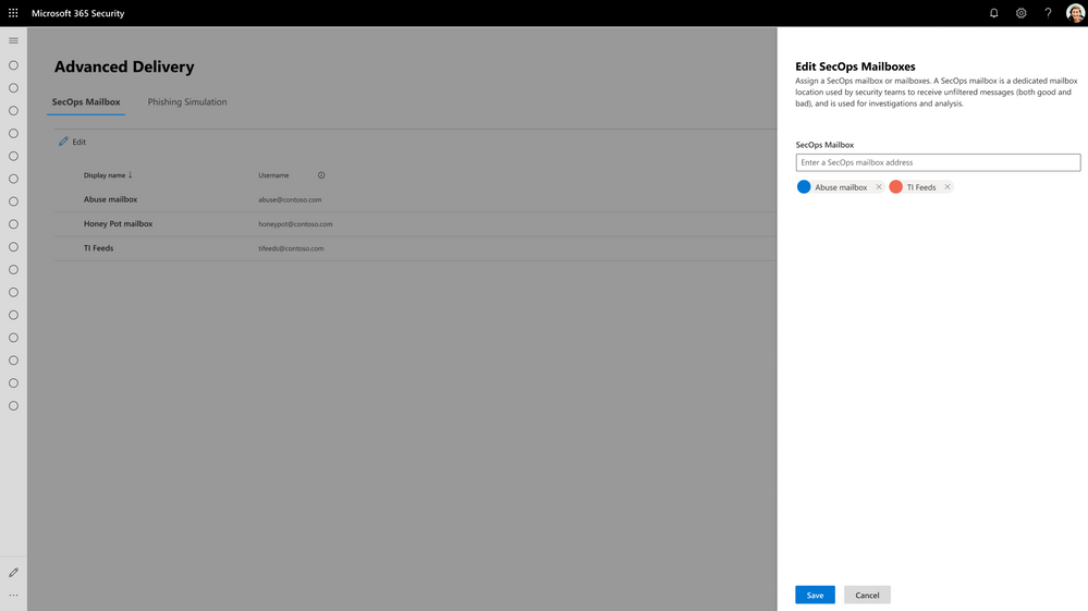 Figure 2: Configuring Security Operations Mailboxes with Advanced Delivery.