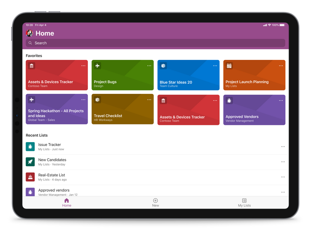 Microsoft Lists for iOS on an iPad, showing the main home screen with Search, and Favorites and Recent lists (in landscape mode)