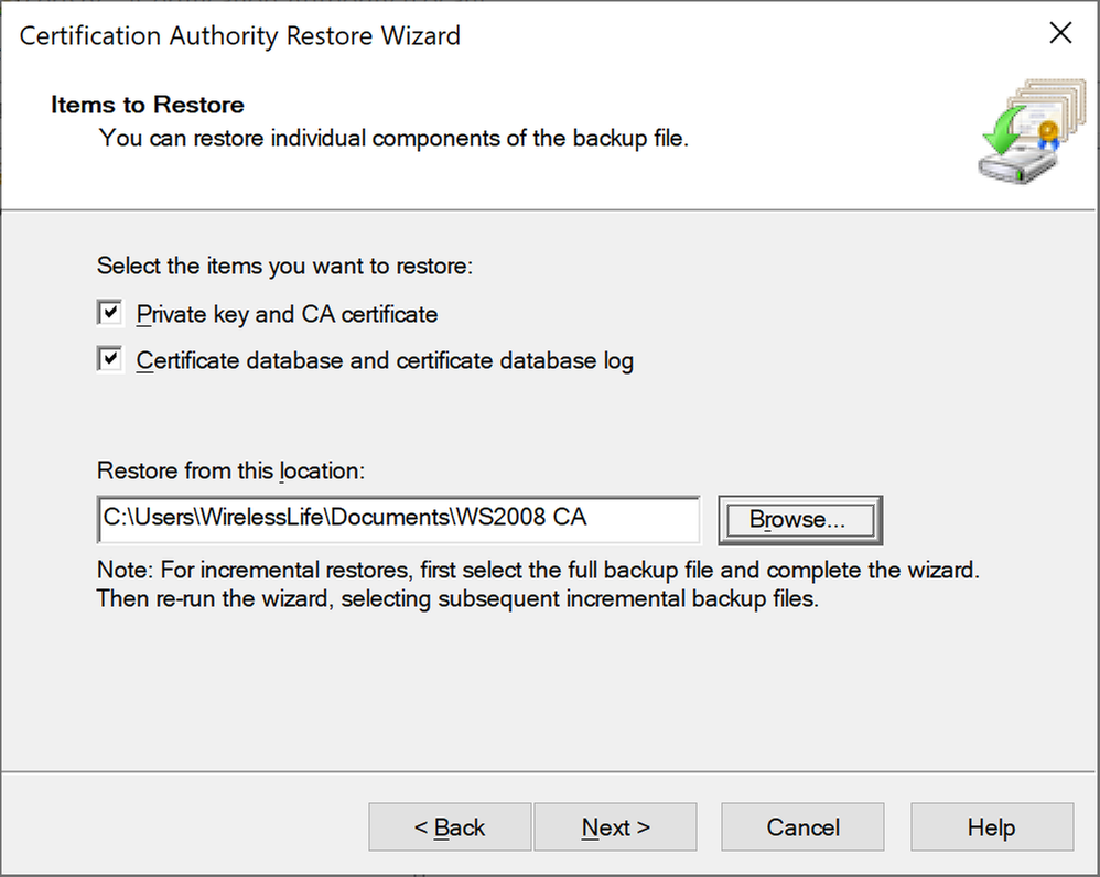 Certification Authority Restore Wizard