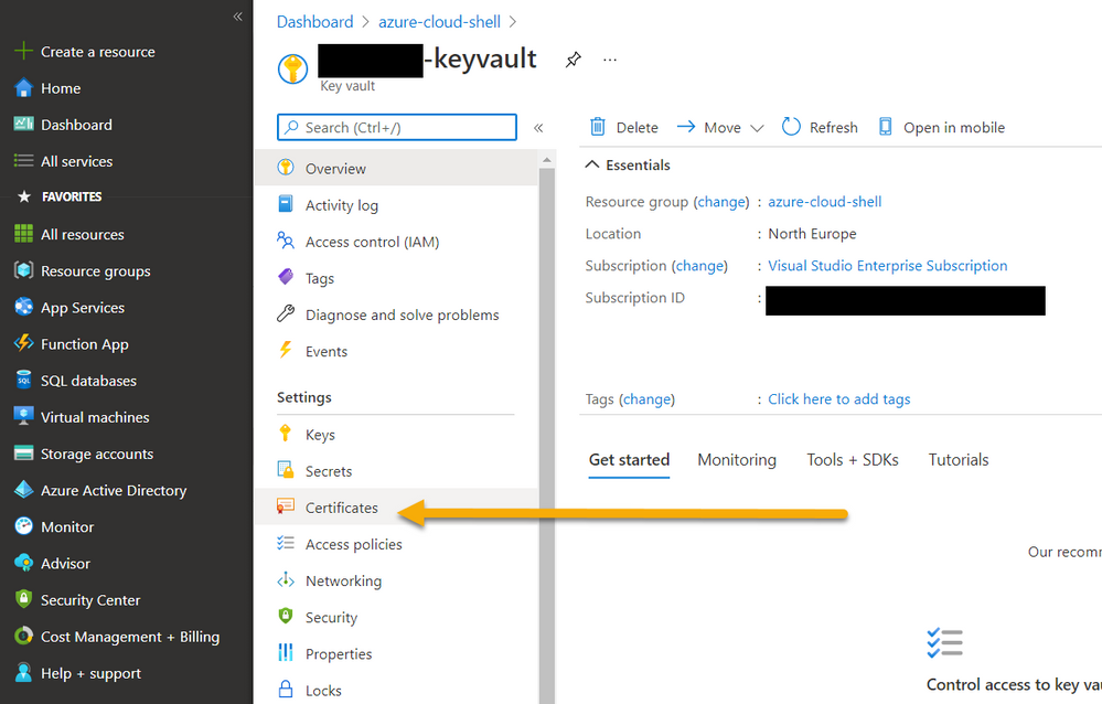 Azure KeyVault - Navigating to Certificates