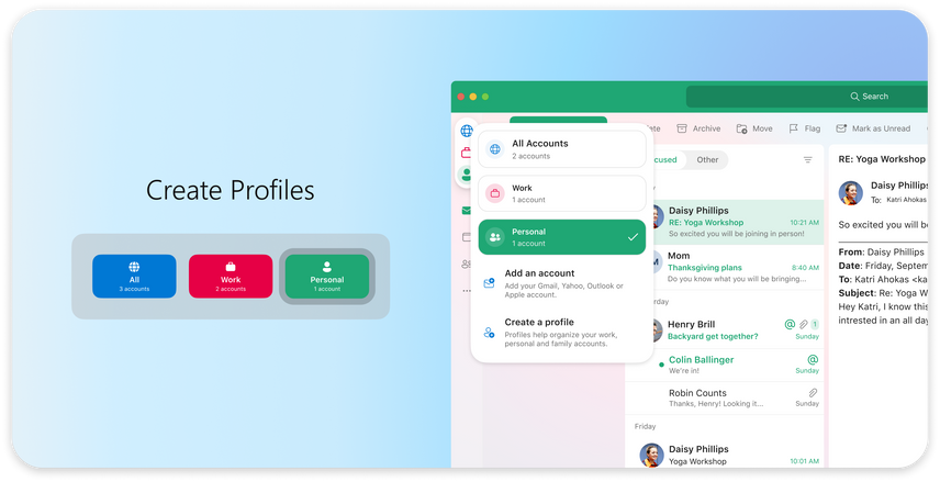 An image demonstrating the Outlook Profiles feature in Outlook for Mac.