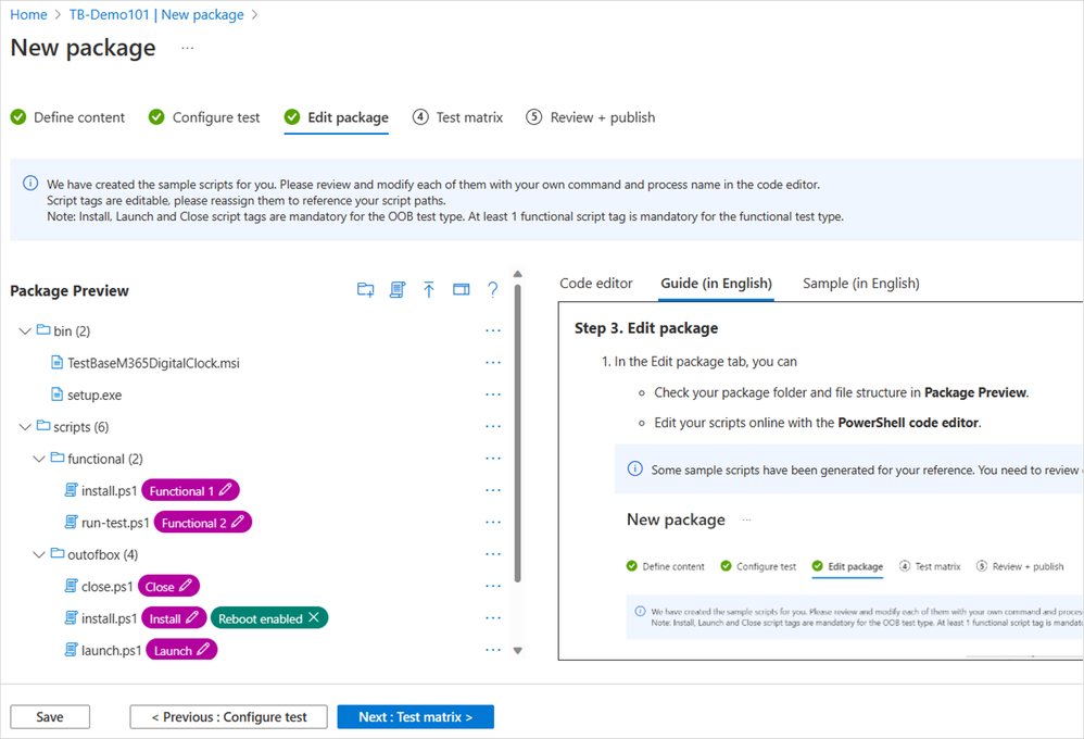 Pre-generated template scripts available on the New Package page inside Test Base