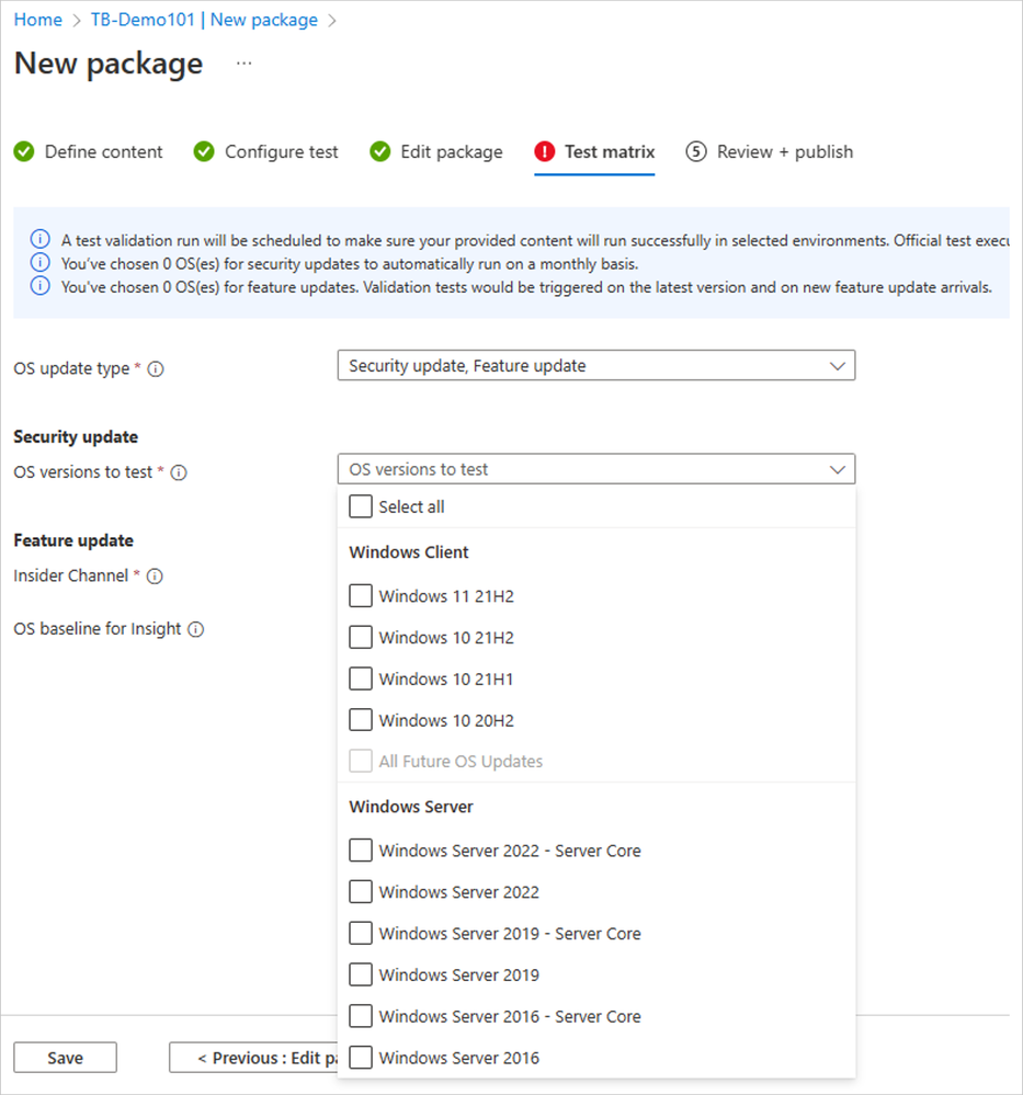 The Test Base testing matrix of in-market and pre-release security and feature updates