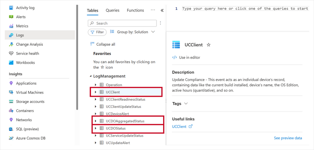 The Microsoft Azure interface showing Logs options, focused on a list of tables, including UCClient, UCDOAggregateStatus, and U DOStatus