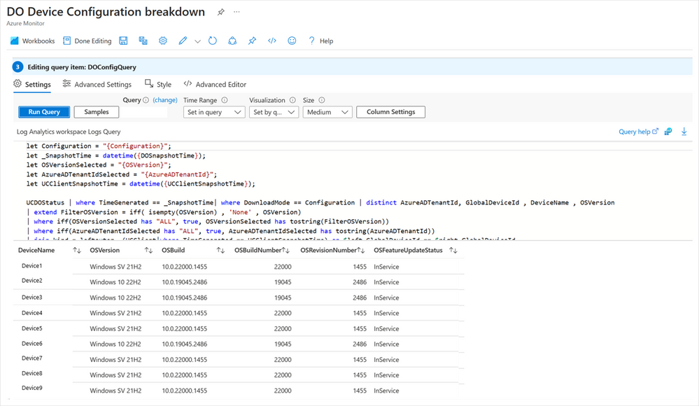 The Azure Workbooks interface showing the DO Device Configuration breakdown in Edit mode