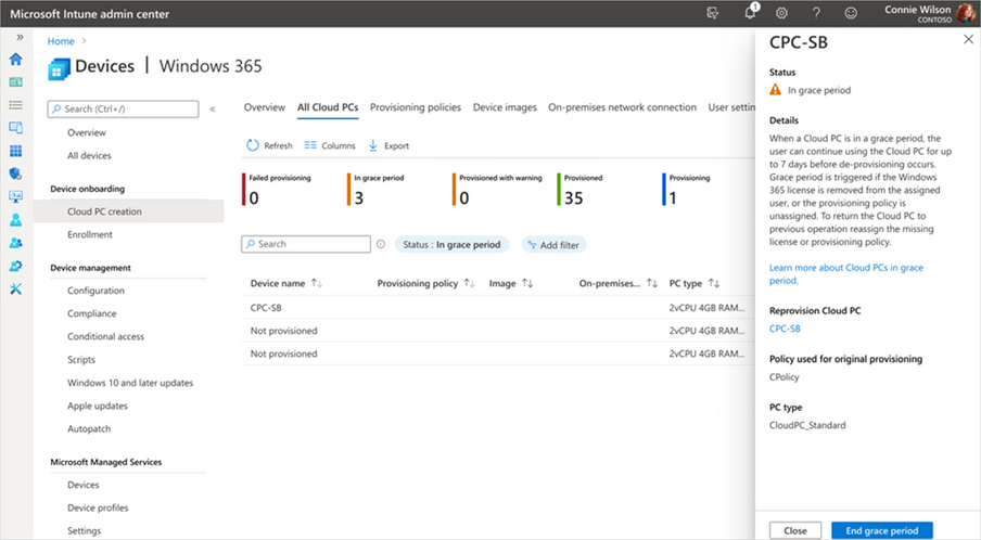 Screenshot of CPC-SB pop up menu showing the option to “reprovision Cloud PC” or “end grace period”