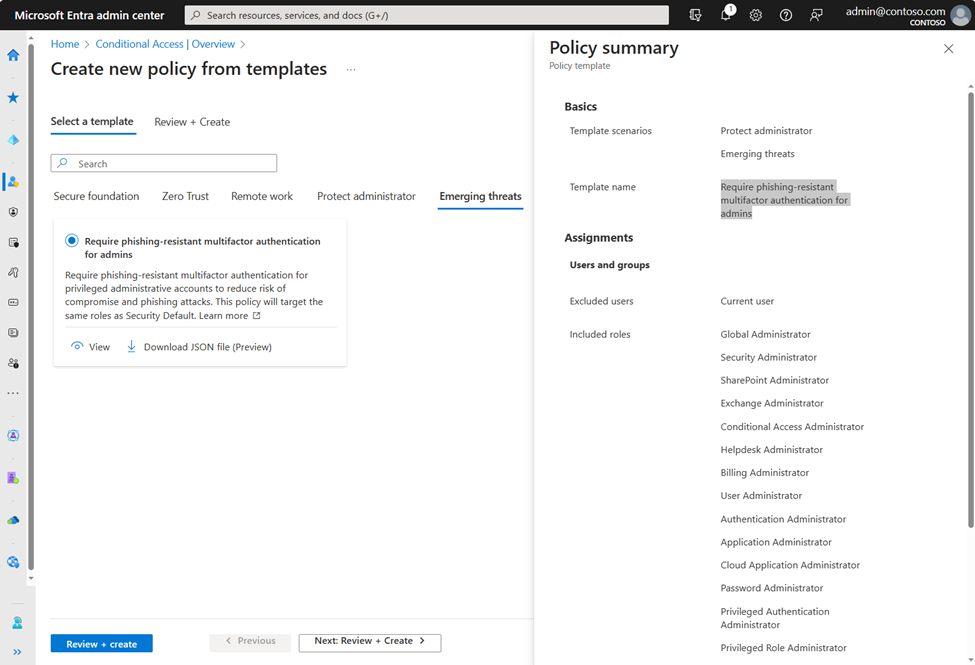 Figure 5: Conditional Access template - Require phishing-resistant multifactor authentication for admins