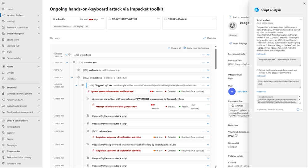 Figure 3: Microsoft 365 Defender portal showing the Security Copilot-generated script analysis within the Incident page