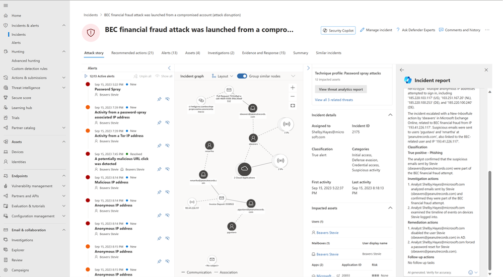 Figure 5: Microsoft 365 Defender portal showing the Security Copilot-generated incident report within the Incident page