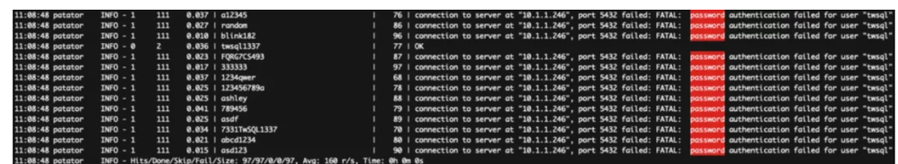 PostgreSQL brute force attack example