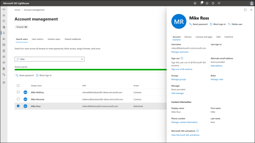 Screenshot of Microsoft 365 Lighthouse showing how to search for a user and view the user’s details.