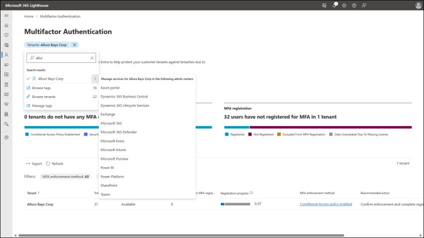 Screenshot of Microsoft 365 Lighthouse showing how to navigate into a customer’s Microsoft Entra admin portal.