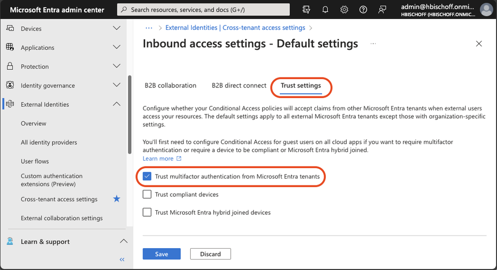 Figure 3: Cross-tenant access settings - Default Trust settings