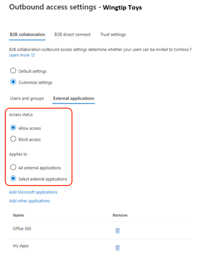 Figure 10: Outbound access settings external applications