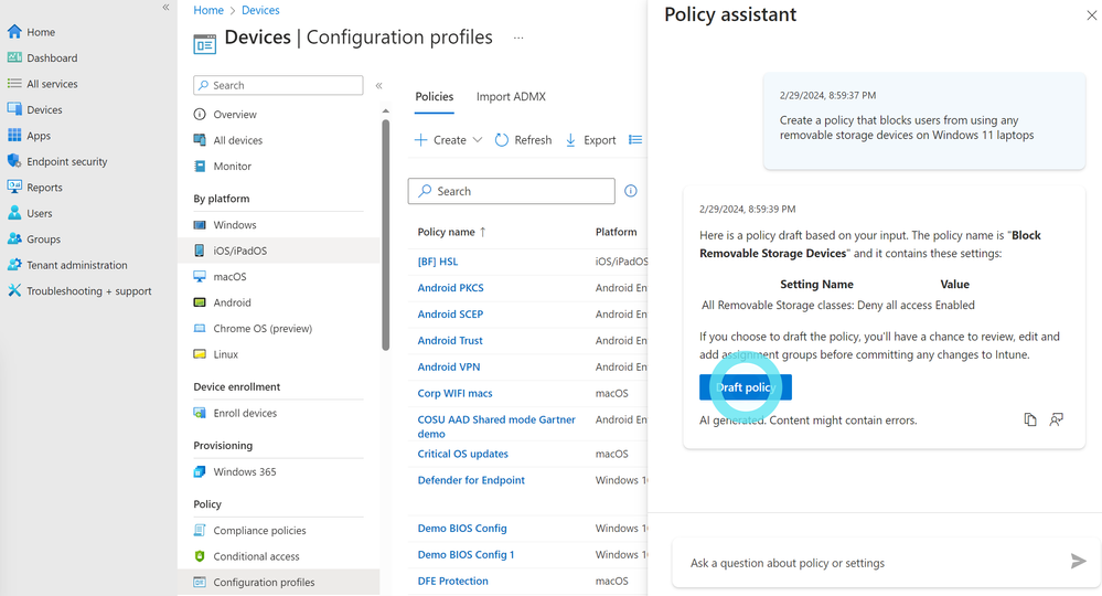 Example of Security Copilot assisting with Endpoint Management Policies