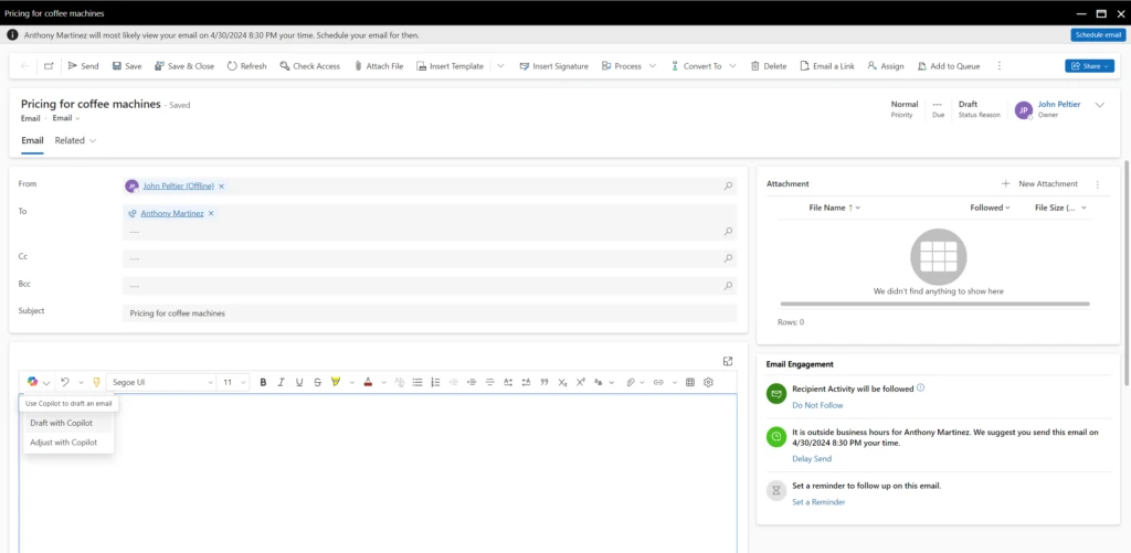 Elevating email efficiency using Copilot in Dynamics 365 Sales and the rich text editor 