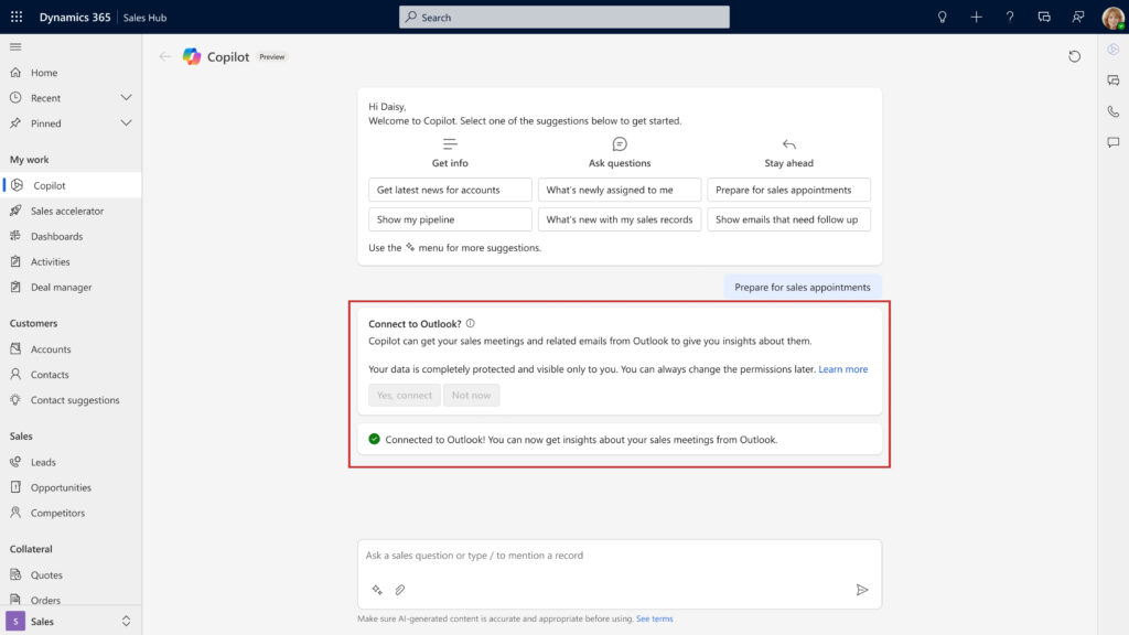 Leveraging Copilot in Dynamics 365 Sales to prepare for sales meeting