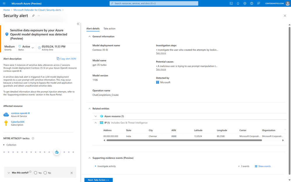 The sensitive data that was passed in the response was detected and surfaced as an alert in the Defender for Cloud.