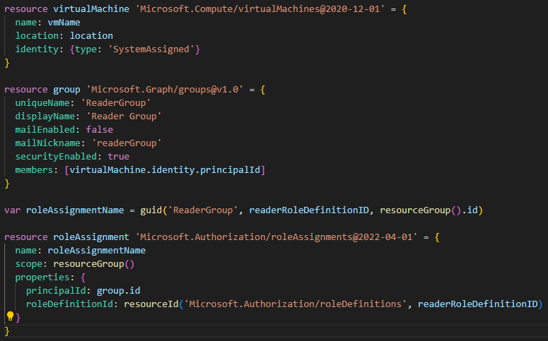 Bicep file declaring an Microsoft Entra ID group with a managed identity member