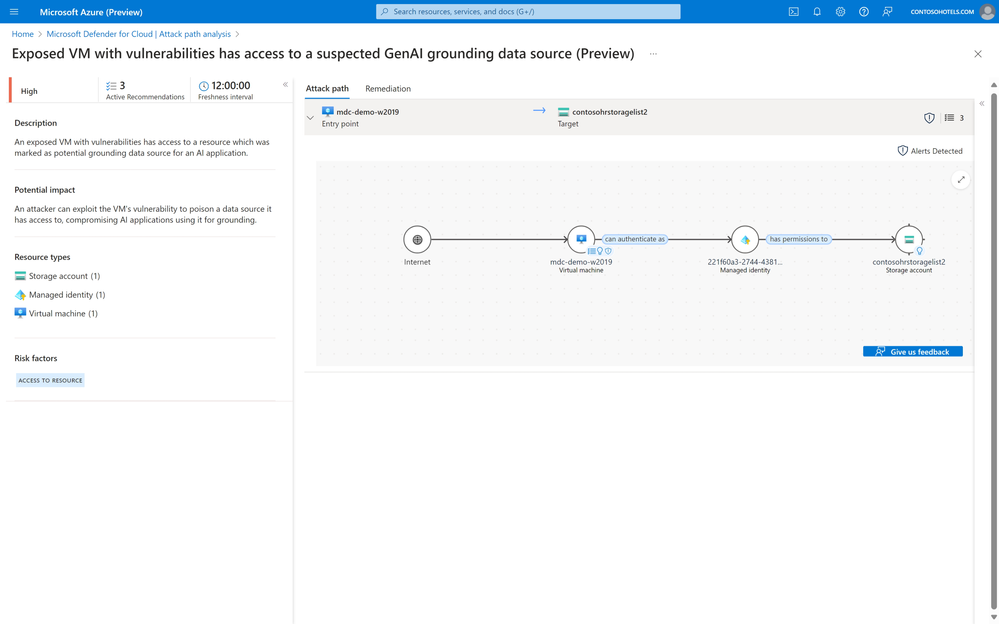 This attack path has identified that a VM with vulnerabilities has access to a data store that was tagged as a grounding resource for GenAI applications. This opens the data store to risks such as data poisoning.