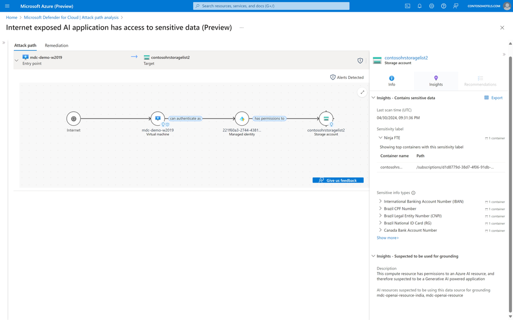 This attack path has captured that the GenAI application is grounded with sensitive data and is internet exposed, making the data susceptible to leakage if proper guardrails are not in place.