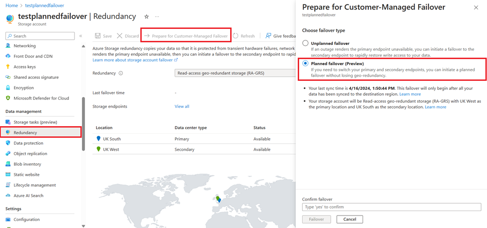 The Azure Portal user experience for Planned Failover.